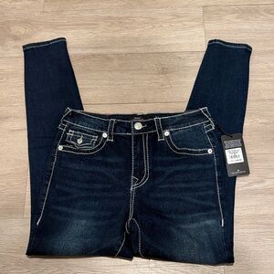 True Religion Women’s Dark Indigo Skinny Jeans with Contrast Stitching
